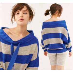 Free People Cassidy Off Shoulder Striped Blue Sweater Size L Boho Chic Hippie